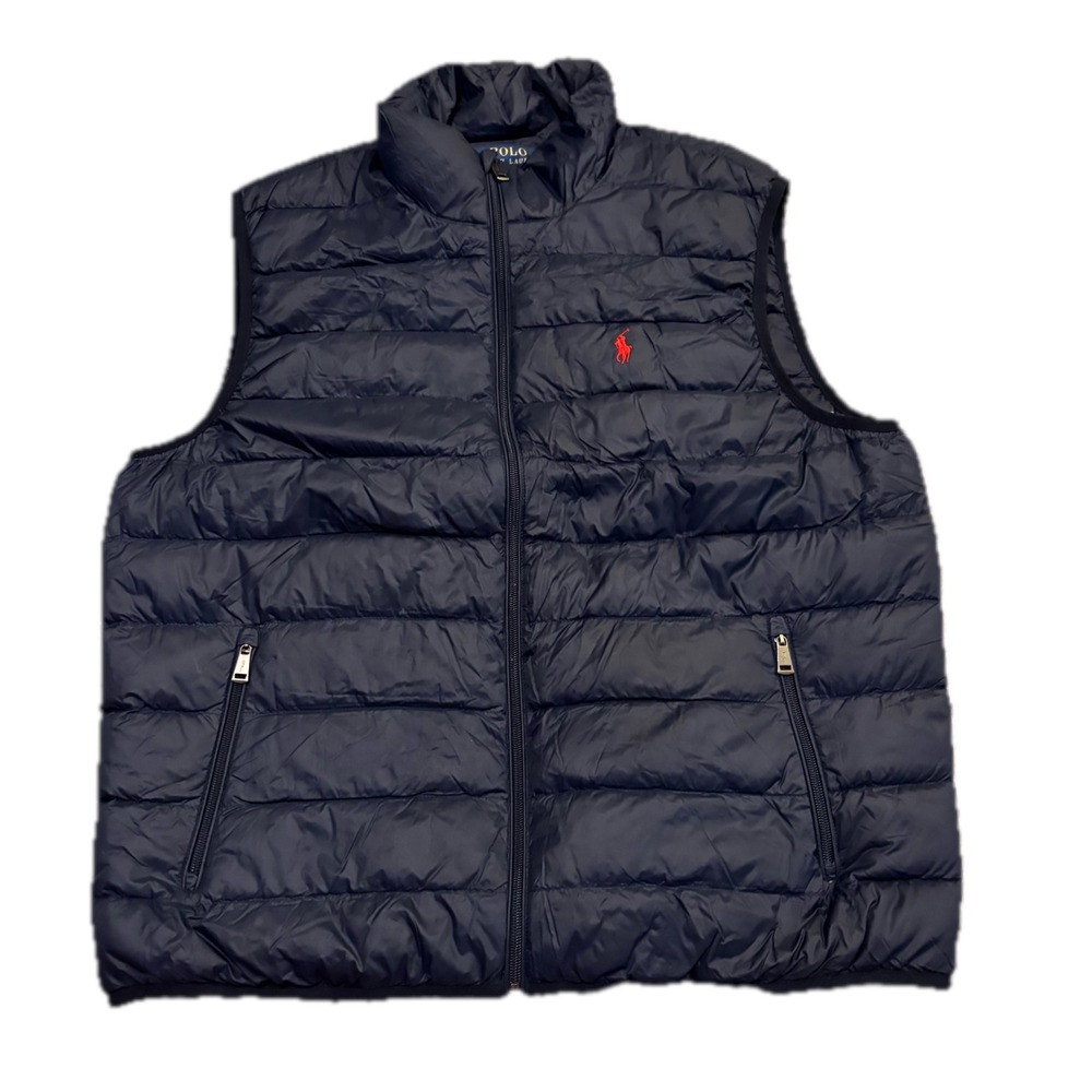 Polo Ralph Lauren Mens XL Navy Blue Quilted Duck Down Puffer Vest Full Zip Logo